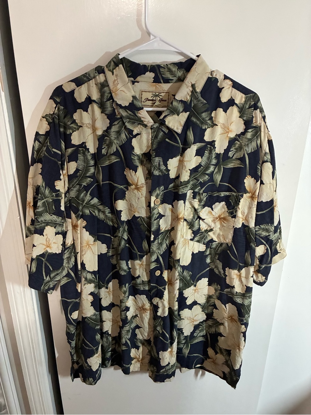 Jamaica Jaxx Navy Hawaiian Shirt with Cream and Green Floral Print